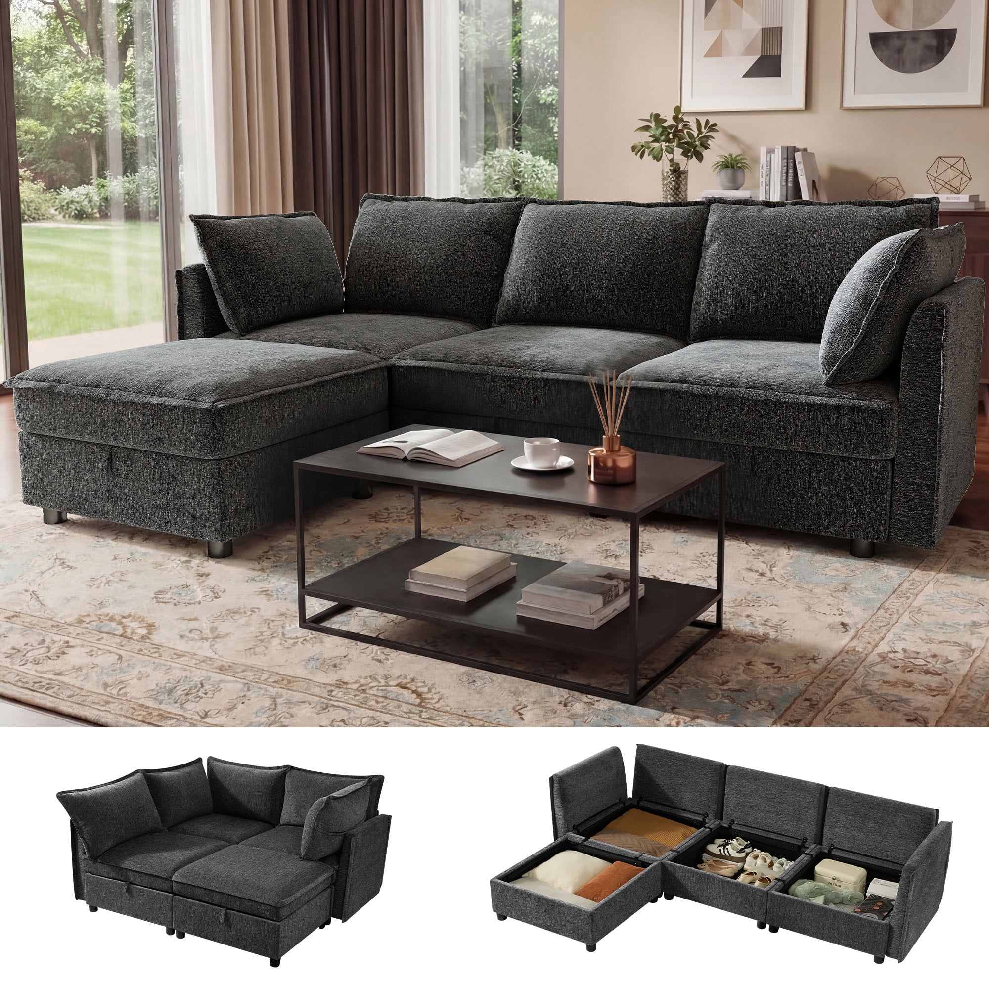 BedLuxury 97" Modular Sectional Sofa with Storage, L-Shaped Modern Sofa Couch with Movable Ottoman for Living Room, Office, Dark Gray