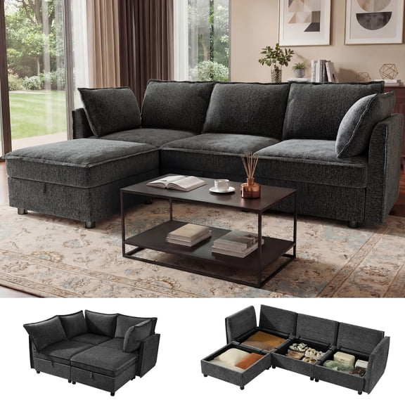 BedLuxury Modular Sectional Sofa with Storage, L-Shaped Modern Sofa Couch with Movable Ottoman for Living room, Office, Dark Gray