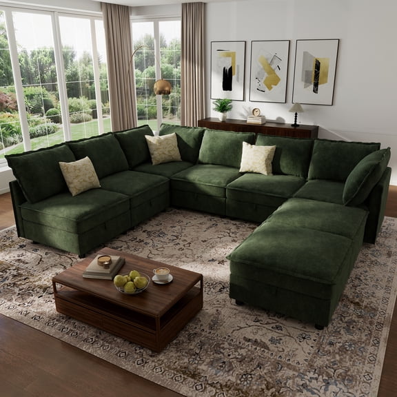 BedLuxury 126" Modular Sectional Sofa with Storage, Oversized U-Shaped Modern Sofa Couch with Movable Ottomans for Living Room, Office, Green