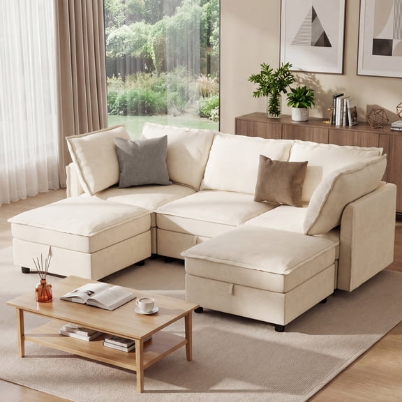 BedLuxury 97" Modular Sectional Sofa with Storage, U-Shaped Modern Sofa Couch with Movable Ottomans for Living Room, Office, Beige
