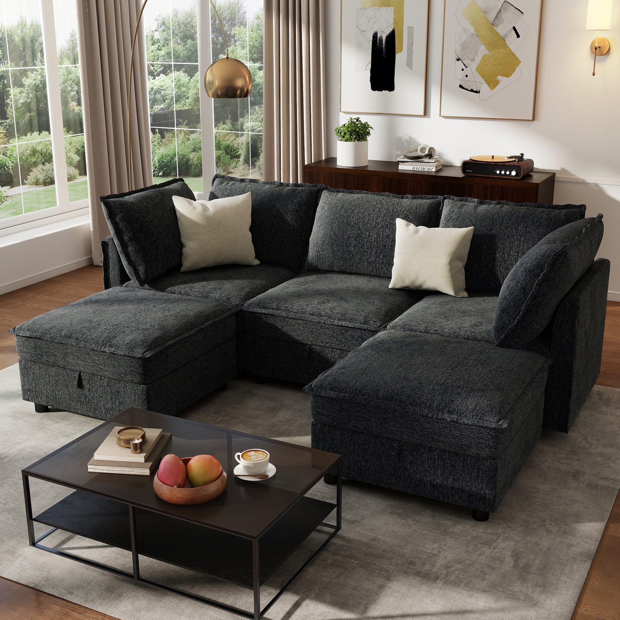 BedLuxury 97" Modular Sectional Sofa with Storage, U-Shaped Modern Sofa Couch with Movable Ottomans for Living Room, Office,Dark Gray