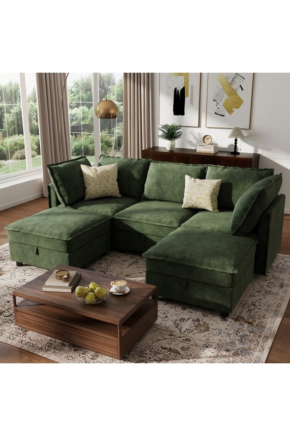97" Modular Sectional Sofa with Storage, U-Shaped Modern Sofa Couch with Movable Ottomans for Living Room, Office, Green