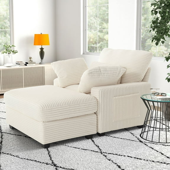 BedLuxury Oversized Accent Chair with Ottoman for Living Room,  Single Sleeper Sofa Armchair with 3 Pillows, Lounge Sofa Bed, Beige