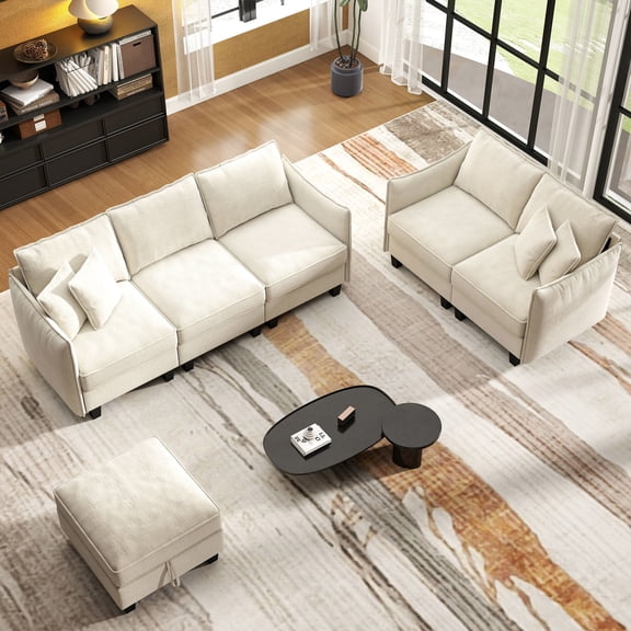 BedLuxury Sectional Sofa Sets with Movable Storage Ottoman, Cloud Couch Seats 6, Living Room Furniture Sets, Chenille Beige