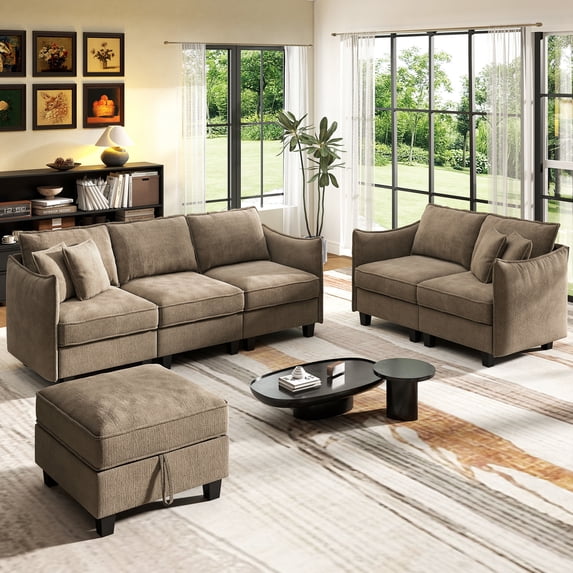 BedLuxury Sectional Sofa Sets with Movable Storage Ottoman, Cloud Couch Seats 6, Living Room Furniture Sets, Chenille Brown