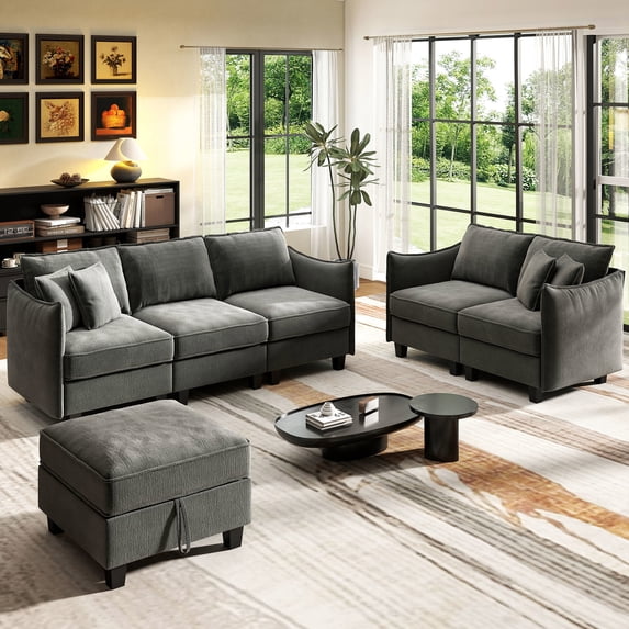 BedLuxury Sectional Sofa Sets with Movable Storage Ottoman, Cloud Couch Seats 6, Living Room Furniture Sets, Chenille Gray