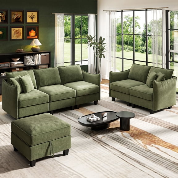 BedLuxury Sectional Sofa Sets with Movable Storage Ottoman, Cloud Couch Seats 6, Living Room Furniture Sets, Chenille Green