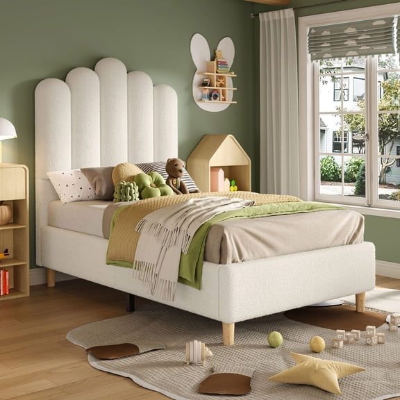 BedLuxury Twin Size Platform Bed Frame with 55" Extra Tall Upholstered Boucle Fabric Headboard, White