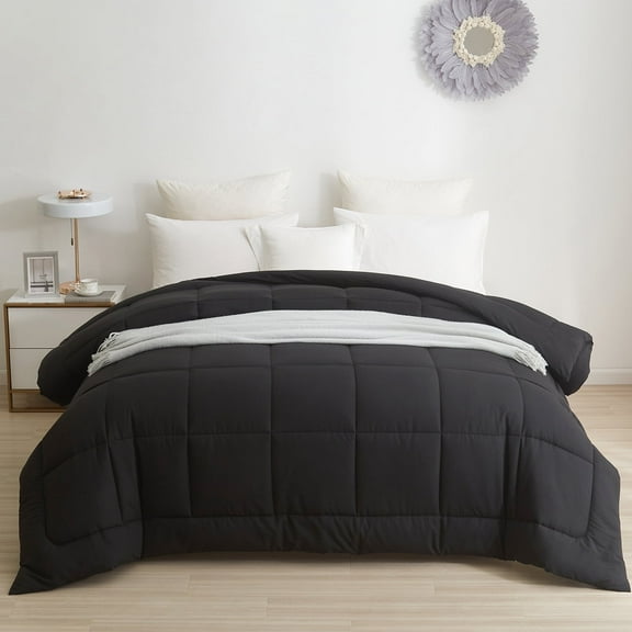 BedTreat Down Alternative Comforter with Corner Tabs - All Season Quilted Full Size 240 GSM Black Comforter, Machine Washable Microfiber Bedding