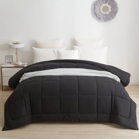 BedTreat Down Alternative Comforter with Corner Tabs - All Season Quilted Full Size 240 GSM Black Comforter, Machine Washable Microfiber Bedding
