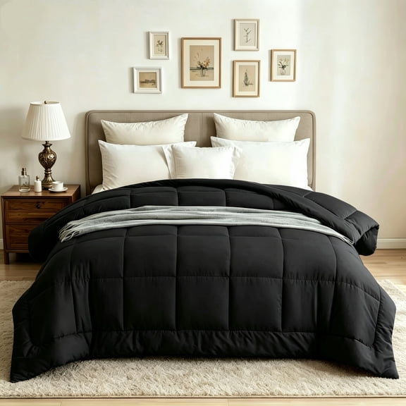 BedTreat Down Alternative Comforter with Corner Tabs - All Season Quilted Queen Size 240 GSM Black Comforter, Machine Washable Microfiber Bedding