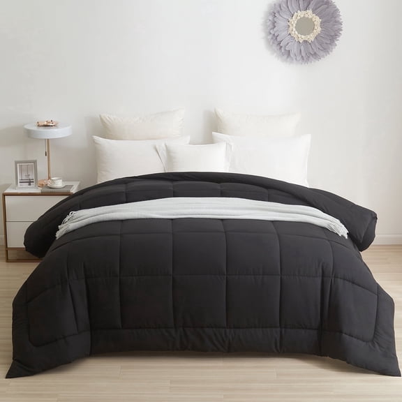 BedTreat Down Alternative Comforter with Corner Tabs - All Season Quilted Queen Size 240 GSM Black Comforter, Machine Washable Microfiber Bedding