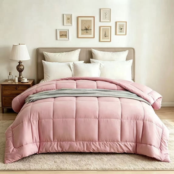 BedTreat Down Alternative Comforter with Corner Tabs - All Season Quilted Queen Size 240 GSM Pink Comforter, Machine Washable Microfiber Bedding