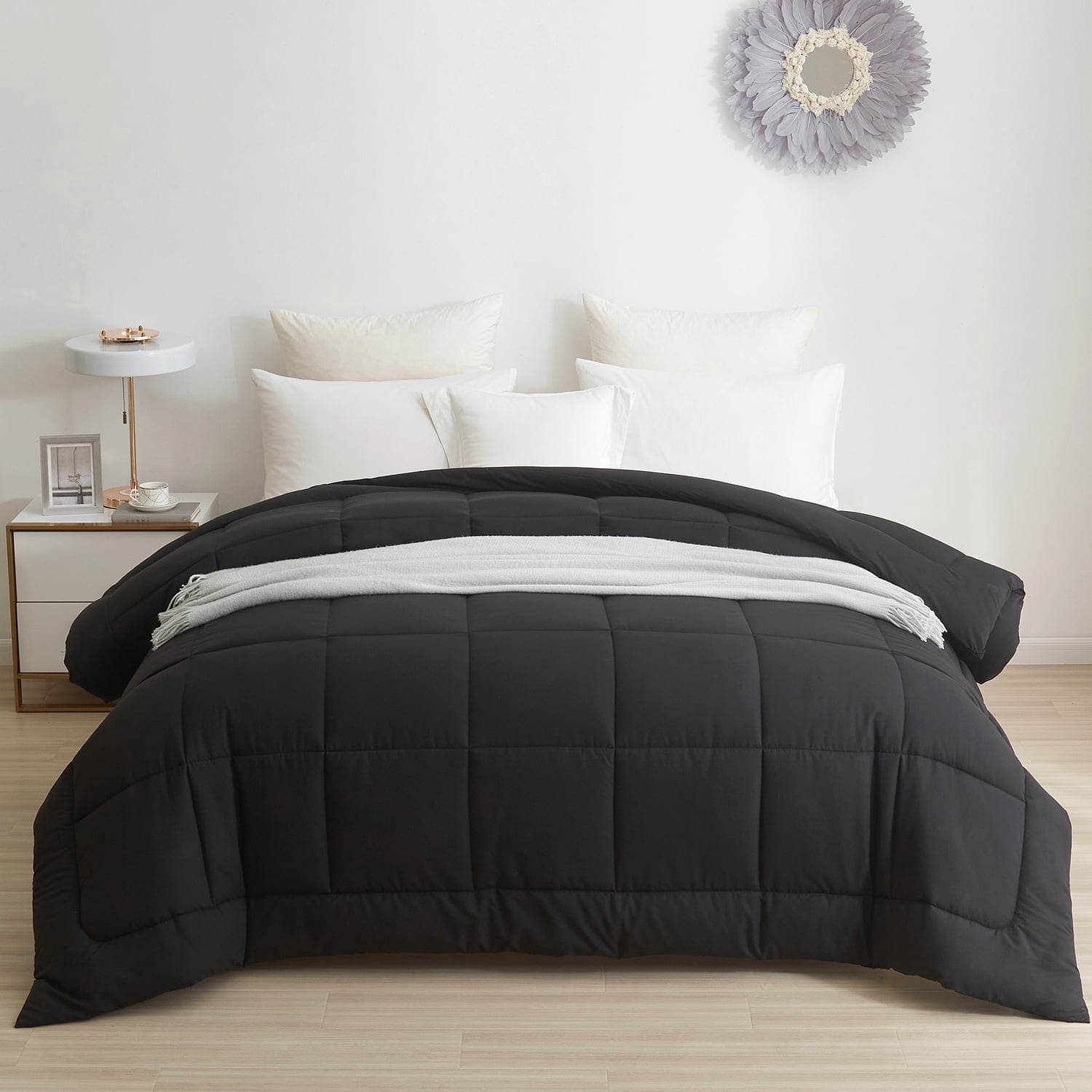 BedTreat Down Alternative Comforter with Corner Tabs - All Season Quilted Twin Size 240 GSM Black Comforter, Machine Washable Microfiber Bedding