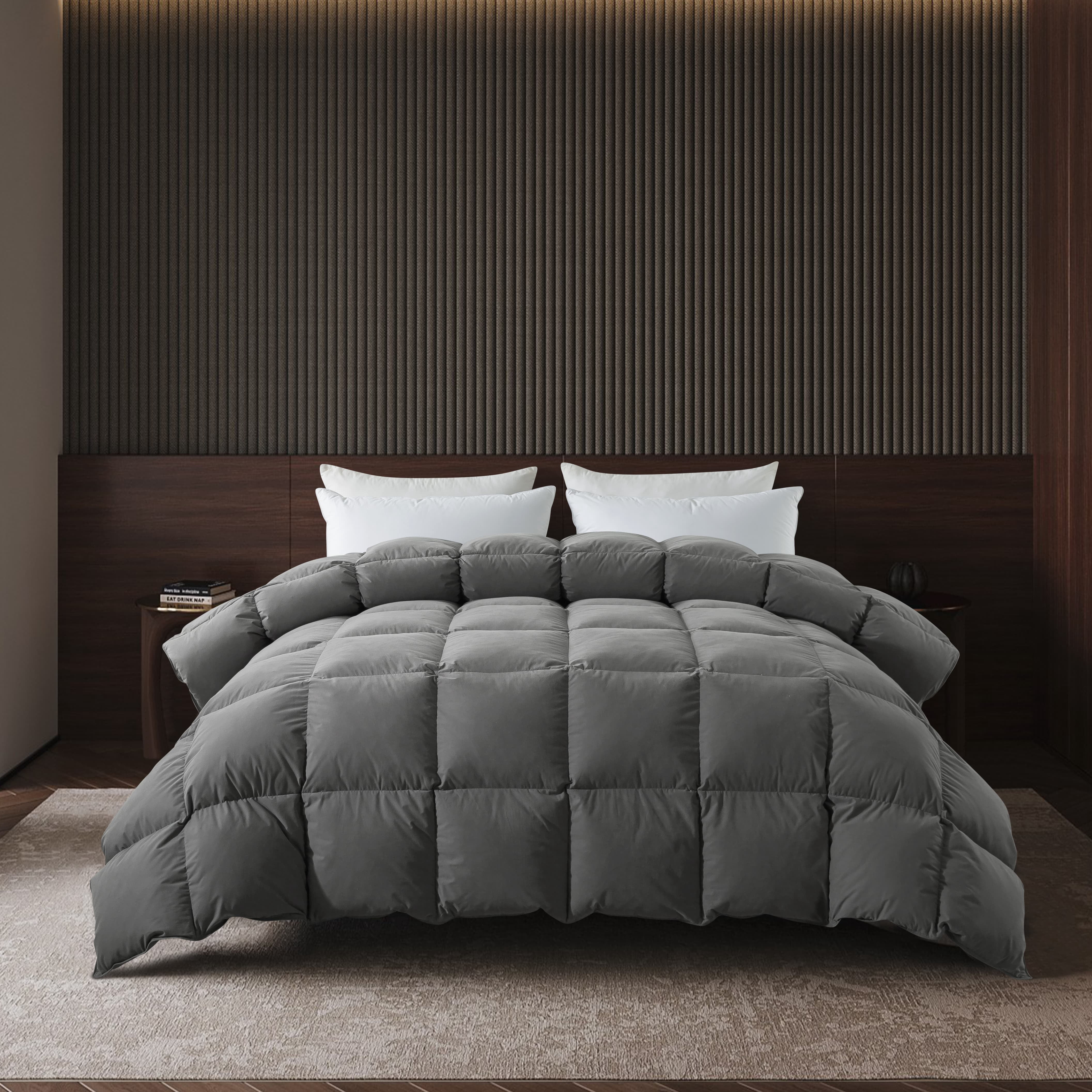 BedTreat Goose Feather Down Comforter King Size, Luxury Hotel Bedding Comforter All Season Duvet Insert, Medium Warmth 100% Cotton Gray Cover with Corner Tabs（106x90 inch）