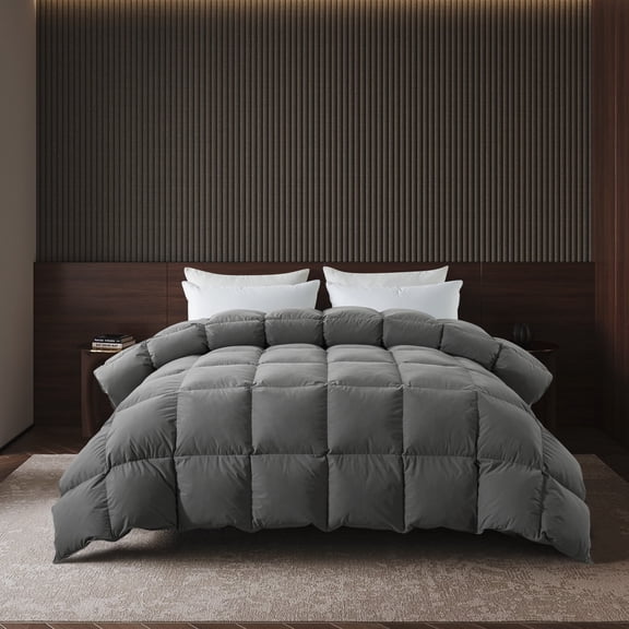 BedTreat Goose Feather Down Comforter King Size, Luxury Hotel Bedding Comforter All Season Duvet Insert, Medium Warmth 100% Cotton Gray Cover with Corner Tabs（106x90 inch）