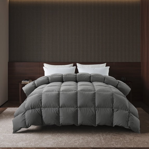 BedTreat Goose Feather Down Comforter Queen Size, Luxury Hotel Bedding Comforter All Season Duvet Insert, Medium Warmth 100% Cotton Gray Cover with Corner Tabs(90x90 inch)