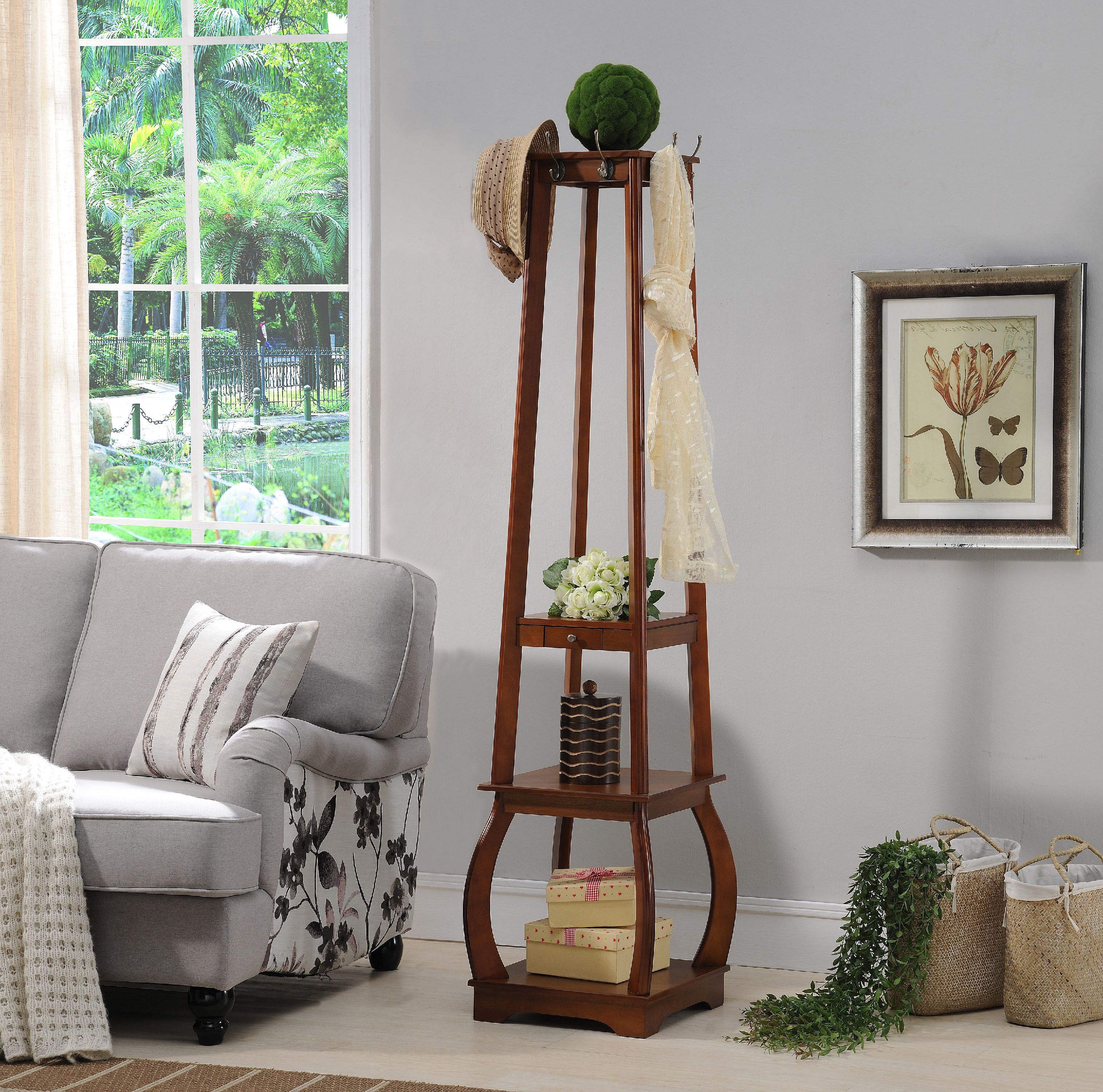 Beda Entryway Hall Tree Coat & Hat Rack Stand, 8 Hooks, Walnut Wood ...