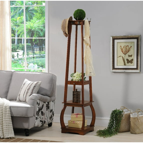 Beda Entryway Hall Tree Coat & Hat Rack Stand, 8 Hooks, Walnut Wood, Contemporary