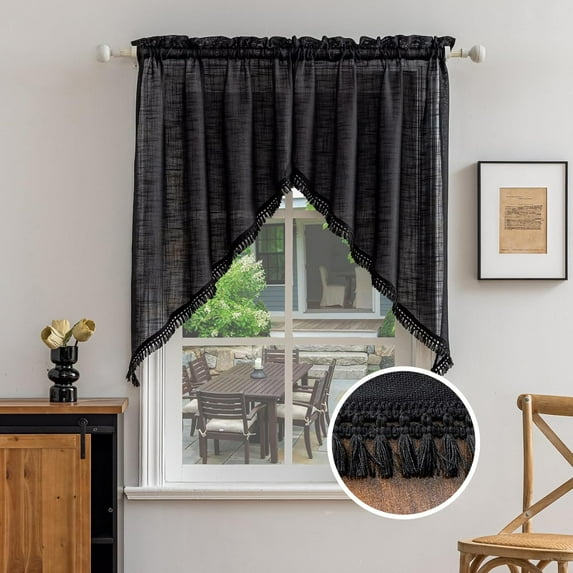 Beda Home Tassel Linen Textured Swag Curtain Valance for Farmhouses’ Kitchen; Light Filtering Rustic Short Swag Topper for Small Windows Bedroom Privacy Added Rod Pocket Design (Nature 36x36-2PCs)