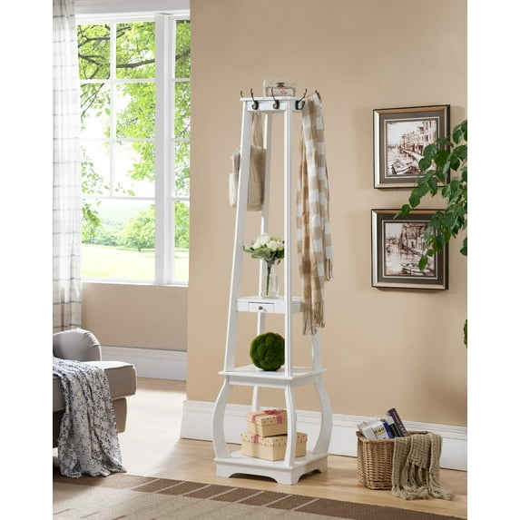 Beda White Wood Entryway Hall Tree Coat & Hat Rack, 8 Hooks, Contemporary