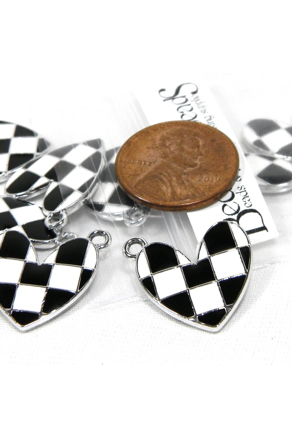 Bedazzlinbeads 10 Double Sided Black & White Checkered Enamel Diagonal Heart Race Finish Winner Flag Silver Metal Pendant Charms
