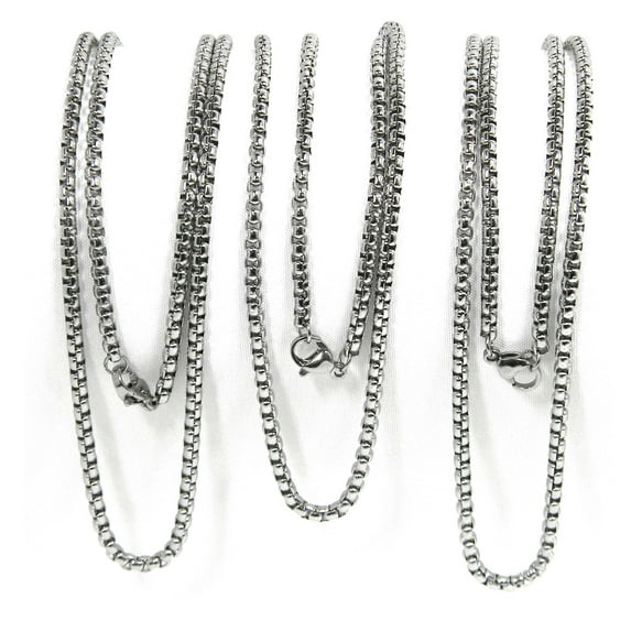 Bedazzlinbeads 3 Hypoallergenic 24 inch Long Stainless Steel Silver Venetian 3mm Thick Box Chain Necklaces with Lobster Clasp