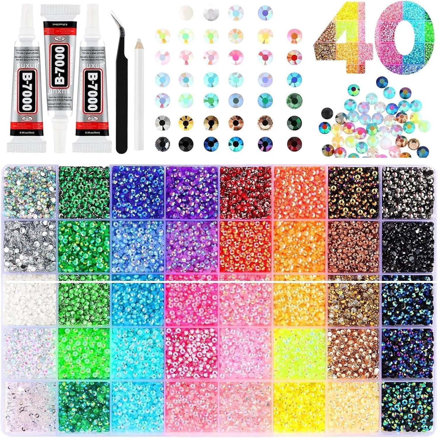 Bedazzling Kit 3mm Flatback Rhinestones, 40 Colors Jelly Resin Gems with B7000 Jewelry Glue for Nail Art Shoes Crafts DIY