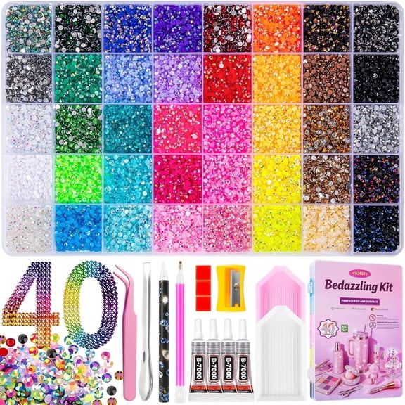 Bedazzling Kit 40000Pcs 40 Colors Resin Jelly Rhinestones, Multicolor 3mm Flatback Gems for Diamond Art,Bedazzler Kit with 4Pcs 10ml B7000 Jewelry Glue & Tools for DIY Nail Art Crafting Makeup Adults