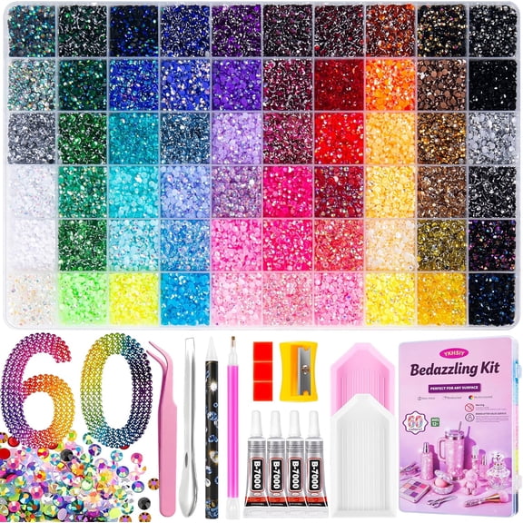Bedazzling Kit 48000Pcs 60 Colors Resin Jelly Rhinestones, Multicolor 3mm Flatback Gems for Diamond Art, Bedazzler Kit with 4Pcs 10ml Jewelry Glue & Tools for DIY Nail Art Crafting Book Makeup