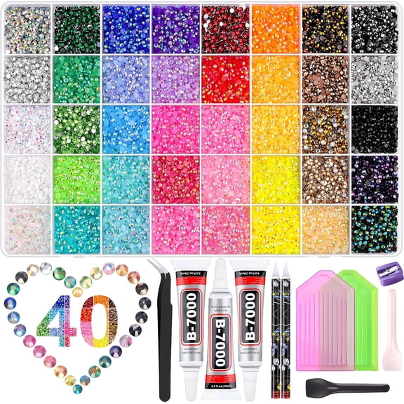 Bedazzling Kit with Rhinestones, 40000 Pcs 40 Colors 3mm Flatback Resin Jelly Rhinestones with 3 B7000 Glues and Tools, Large Rhinestone Kit for Tumblers, Shoes, Phone Cases, Crafts