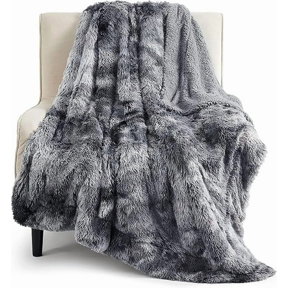 Bedcare GentleSoft Fluffy Sherpa Fleece Faux Fur Blankets Queen Size for Bed, Bedroom Decor Winter Bedding Thick Warm Full Queen Blankets, Fuzzy Plush Soft Heavy Mink Cozy Gifts, Tie Dye Grey, 90x90