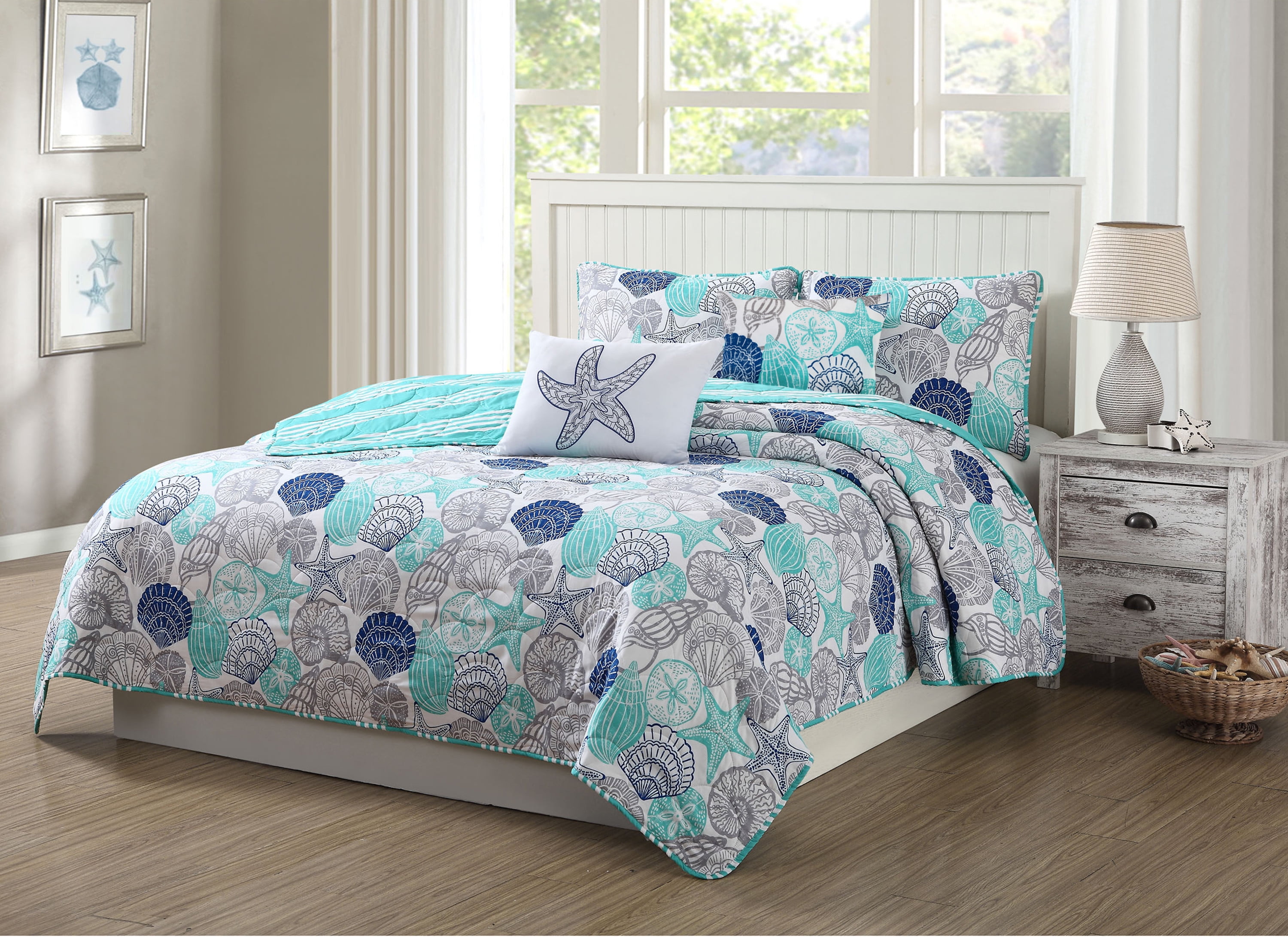 Bedding 4-piece Reversible Quilt Set, Gray/Blue/Aqua, Twin, Seashell & Starfish by Quaint Home