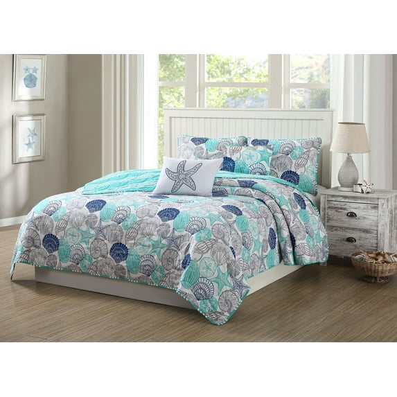 Bedding 4-piece Reversible Quilt Set, Gray/Blue/Aqua, Twin, Seashell & Starfish by Quaint Home