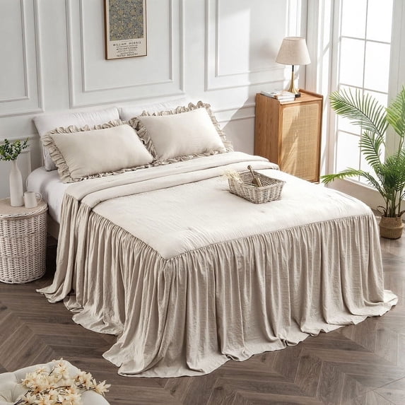 Bedding Bedspread Set Bed King - 3 Pieces Farmhouse Bedspread Skirt Coverlet Bed Spreads Quilt Chic Vintage Bedding Ruffle Bedspread Rustic with 2 Pillow Shams for Bedroom Home Dorm (Wheat, King)