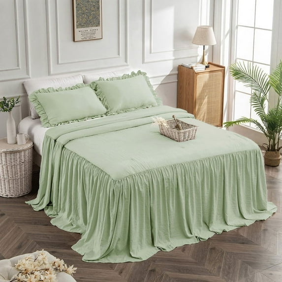 Bedding Bedspread Set Bed Queen - 3 Pieces Farmhouse Bedspread Skirt Coverlet Bed Spreads Quilt Chic Vintage Bedding Ruffle Bedspread Rustic with 2 Pillow Shams for Bedroom Home Dorm (Green, Queen)