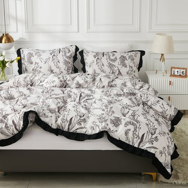 Bedding Black Gray Simple and elegant Flowers Bloom Duvet Cover White ...