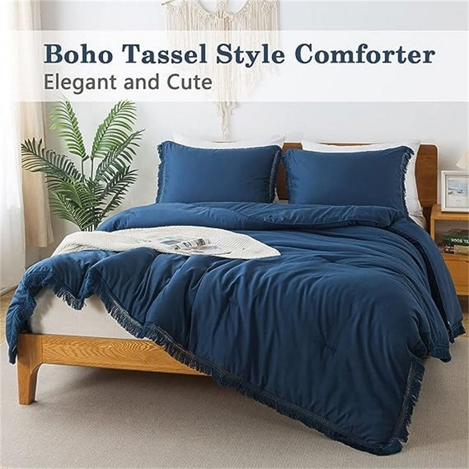 Navy Blue Twin Microfiber Boho Tassel Comforter Set