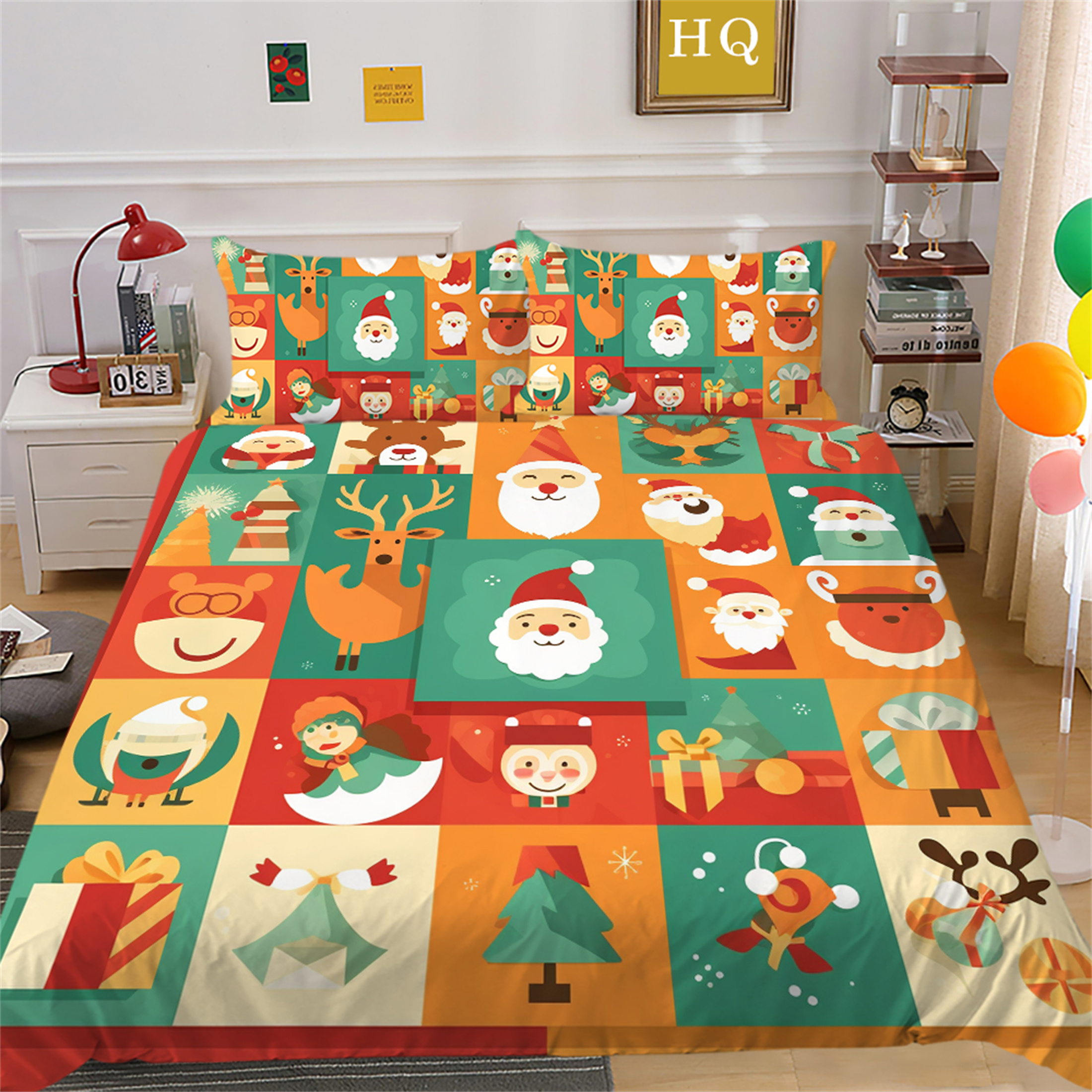 Bedding Cover Suit Cartoon Santa Claus Deer Printed Comforter Cover Set Kid Christmas Lovely Bed