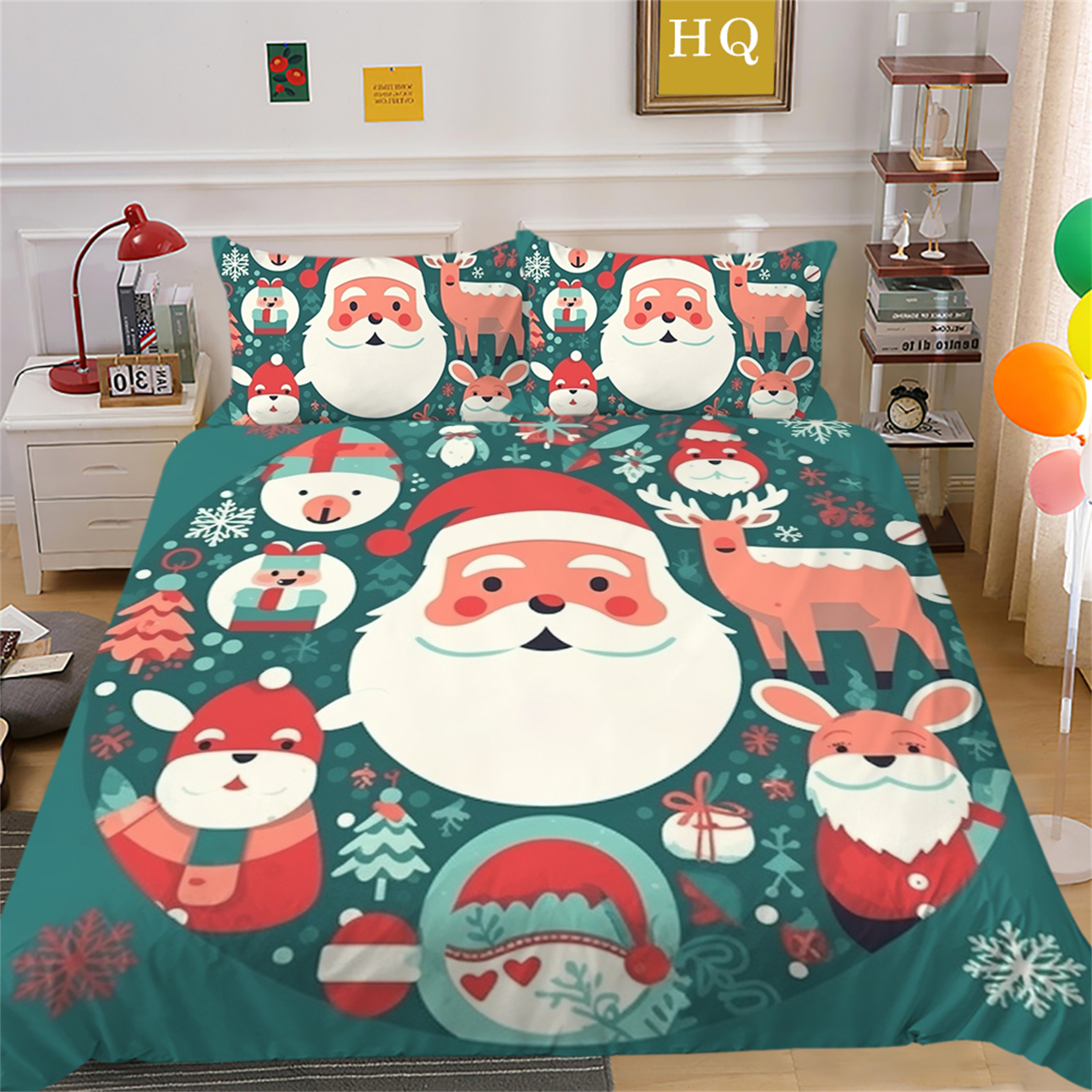 Bedding Cover Suit Cartoon Santa Claus Deer Printed Comforter Cover Set Kid Christmas Lovely Bed