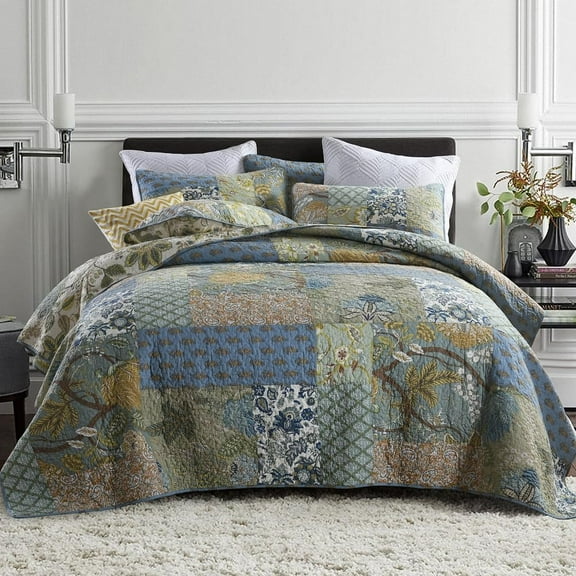 Bedding Coverlet Sets,3 Pieces Vintage Floral  Green Rustic Bedspread, Queen Size