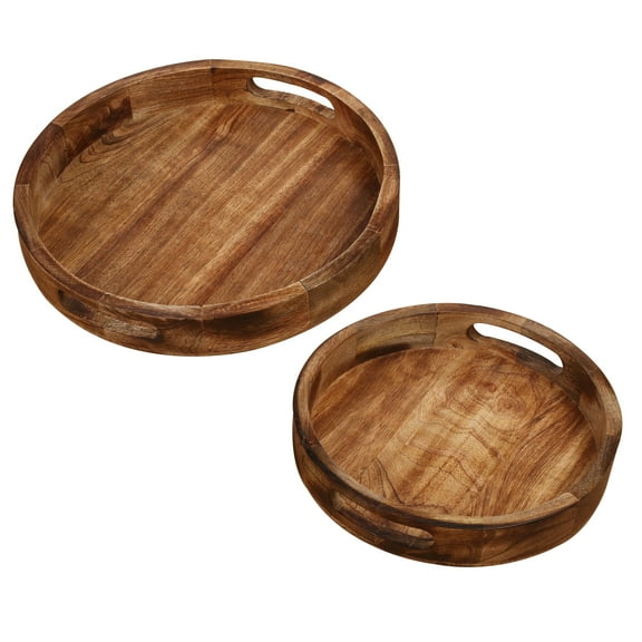 Bedding Craft Natural Burnt Round Wooden Serving Tray Set – Rustic Countertop Fruit Basket Organizer – Natural Wood Decorative Storage, Set of 2, 12x12x1.5 Inch