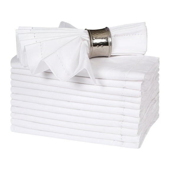 Bedding Craft White Cotton Cloth Dinner Napkins – Elegant Hemstitched Fabric with Mitered Corners, Reusable and Machine Washable – Set of 12, 18"x18"