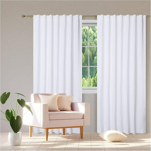 Bedding Craft White Cotton Tab Top Curtains, Washable Drapes for Bedroom, Living Room, Kitchen, Set of 2, 50"x96"