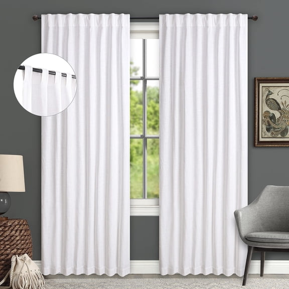 Bedding Craft White Cotton Tab Top Curtains, Washable Drapes for Bedroom, Living Room, Kitchen, Set of 2, 50"x96"