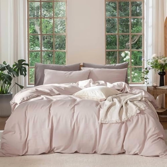Bedding Duvet Cover Set 100% Washed Cotton Linen Like Textured Breathable Durable Soft Comfy (Heathered Greyish Pink, Twin 68"x90")