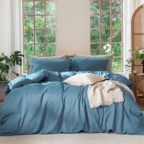 Bedding Duvet Cover Set 100% Washed Cotton Linen Like Textured Breathable Durable Soft Comfy (Heathered Peacock Blue, Twin 68"x90")