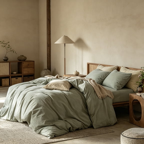 Bedding Duvet Cover Set, 100% Washed Cotton Linen-Like Textured, Breathable Durable Soft Comfy (Heathered Sage Green, Cal King 104"x98")