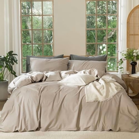 Bedding Duvet Cover Set 100% Washed Cotton Linen Like Textured Breathable Durable Soft Comfy (Heathered Taupe, Twin 68"x90")