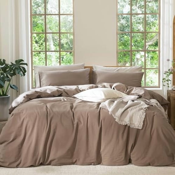 Bedding Duvet Cover Set 100% Washed Cotton Linen Like Textured Breathable Durable Soft Comfy (Solid Brown, Twin 68"x90")